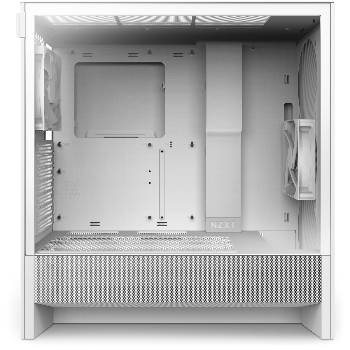 NZXT H5 Flow white, side view through the tempered-glass panel
