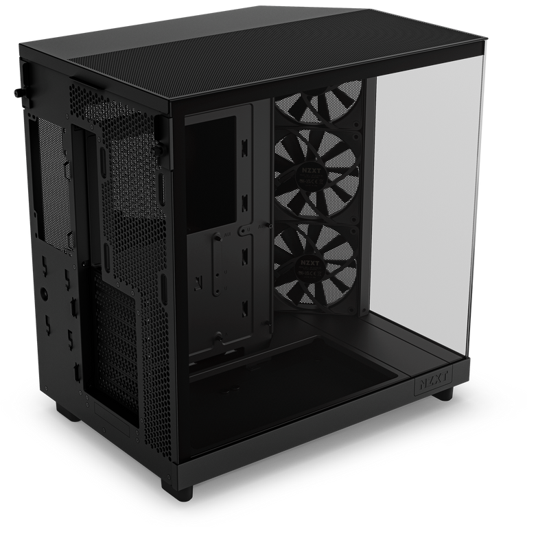 The Refurbished Custom Build - #8700 by NZXT is a black case with a tempered glass side, three front cooling fans, and clear component mounts—perfect for building standout prebuilt PCs.