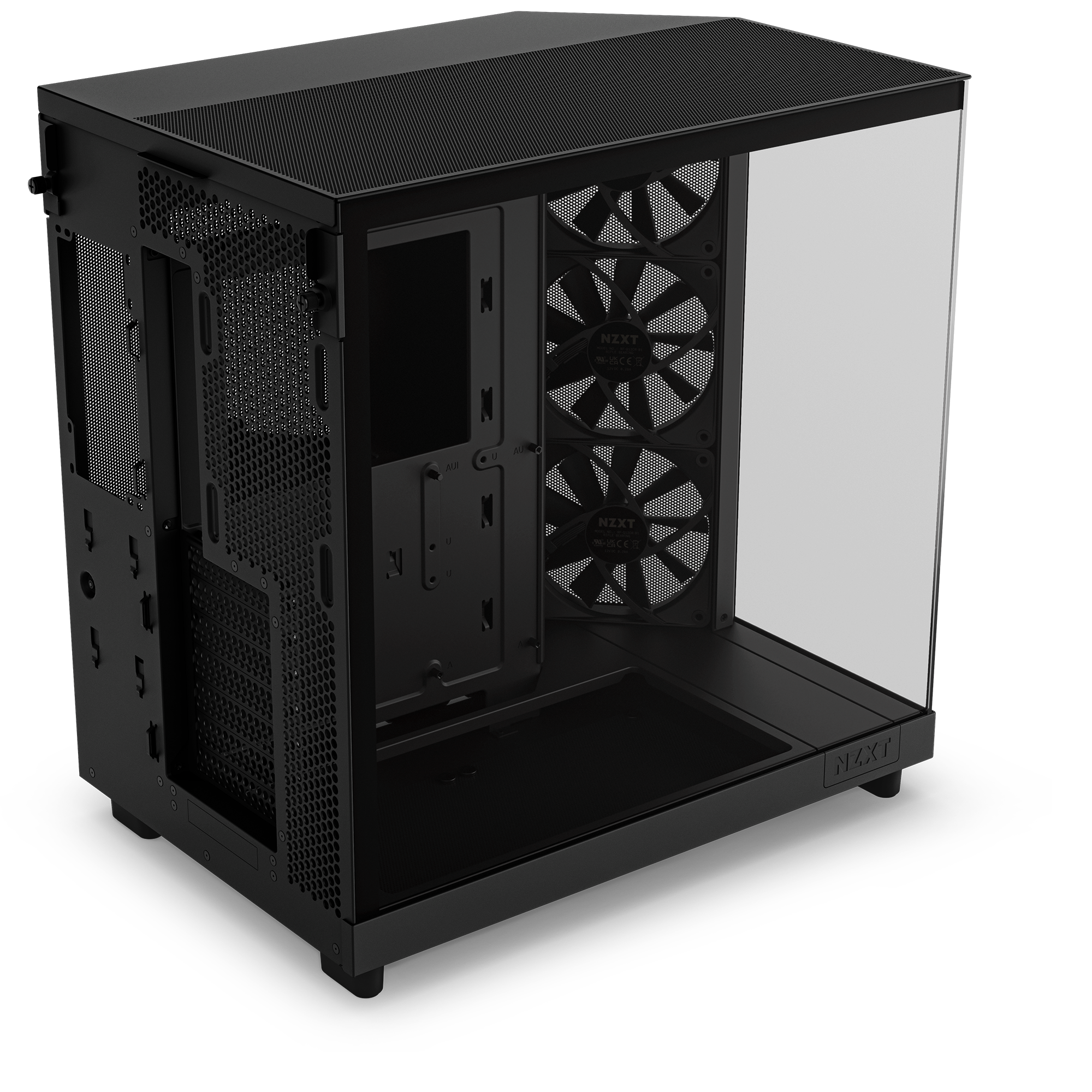 The NZXT Refurbished Custom Build - #8442 is a black computer case with a transparent side, three front fans, open upgrade slots, and is ideal for Prebuilt and Refurbished Gaming PCs—with a 2-year warranty.