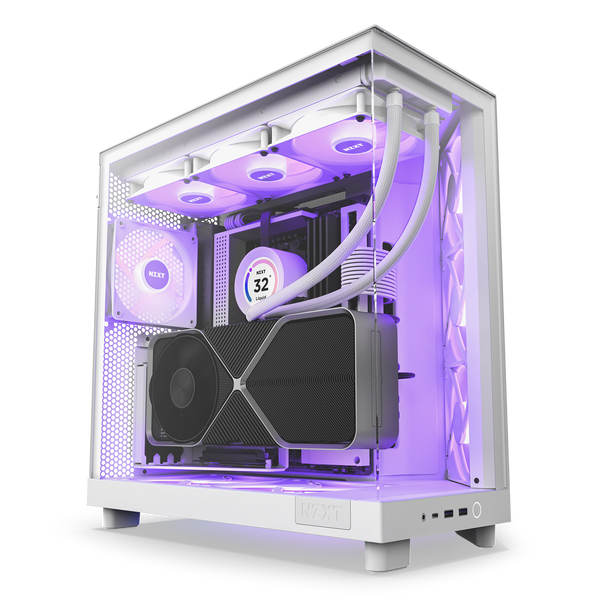 The NZXT H6 Flow RGB is a white gaming PC case with RGB lighting and a dual-chamber design that showcases your liquid cooling system, large graphics card, and purple-lit fans through its transparent side panel.