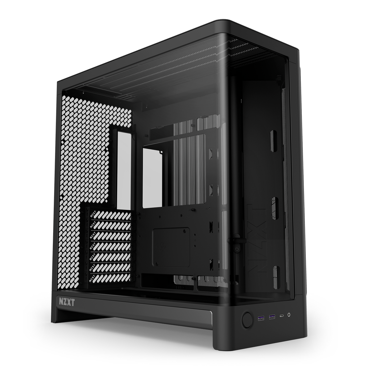 NZXT H6 black, hero angle of the dual-chamber chassis and wraparound glass