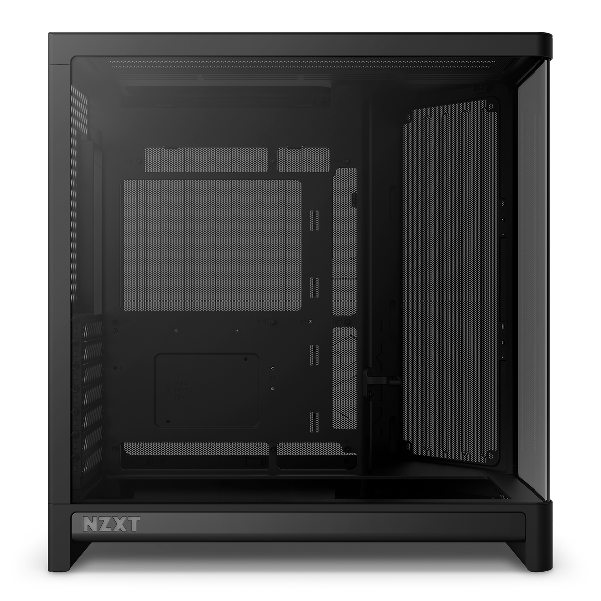 NZXT H6 black, left side view through the glass into the empty main chamber