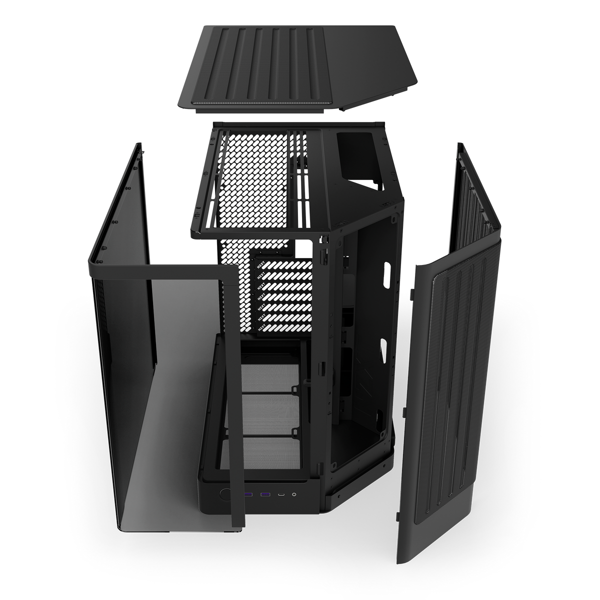 NZXT H6 black, exploded view separating the panels from the steel chassis