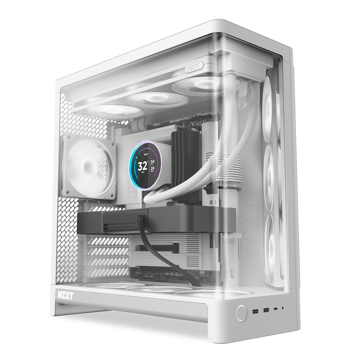 NZXT H6 white shown in a completed build behind the wraparound glass. Components other than the case are sold separately.