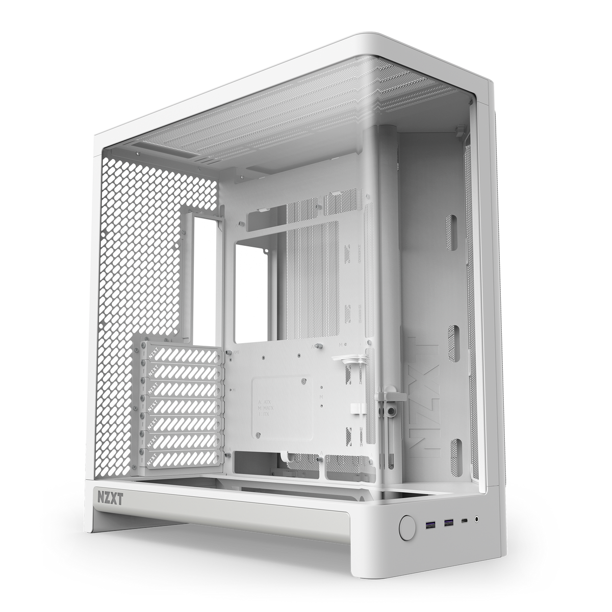 NZXT H6 white, hero angle of the dual-chamber chassis and wraparound glass