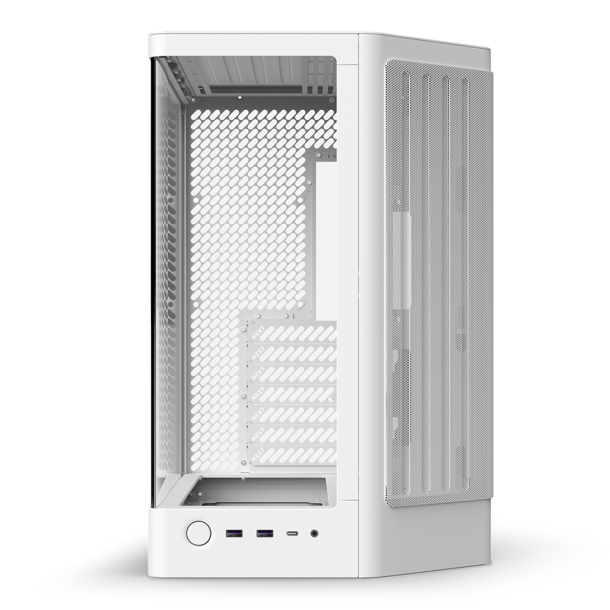 NZXT H6 white, front view showing the curved glass corner and front I/O
