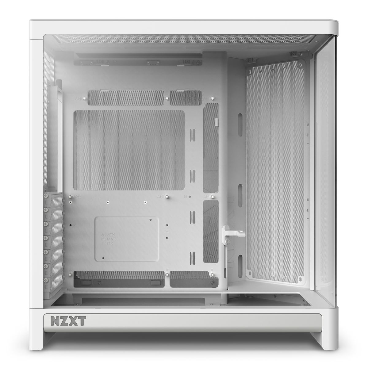 NZXT H6 white, left side view through the glass into the empty main chamber