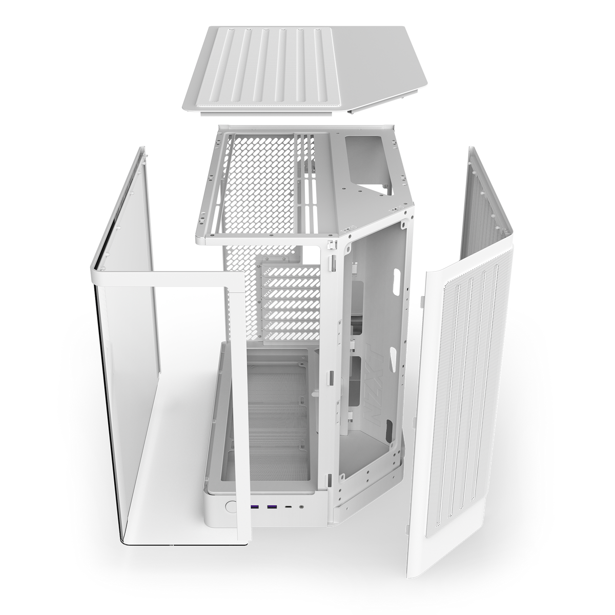 NZXT H6 white, exploded view separating the panels from the steel chassis