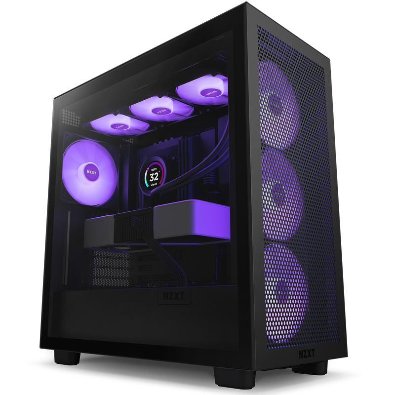 The NZXT H7 Flow RGB (2023) is a black gaming PC case with a transparent side panel, vertical GPU mount, liquid cooling support, and purple LED lighting on three front fans and internal components.