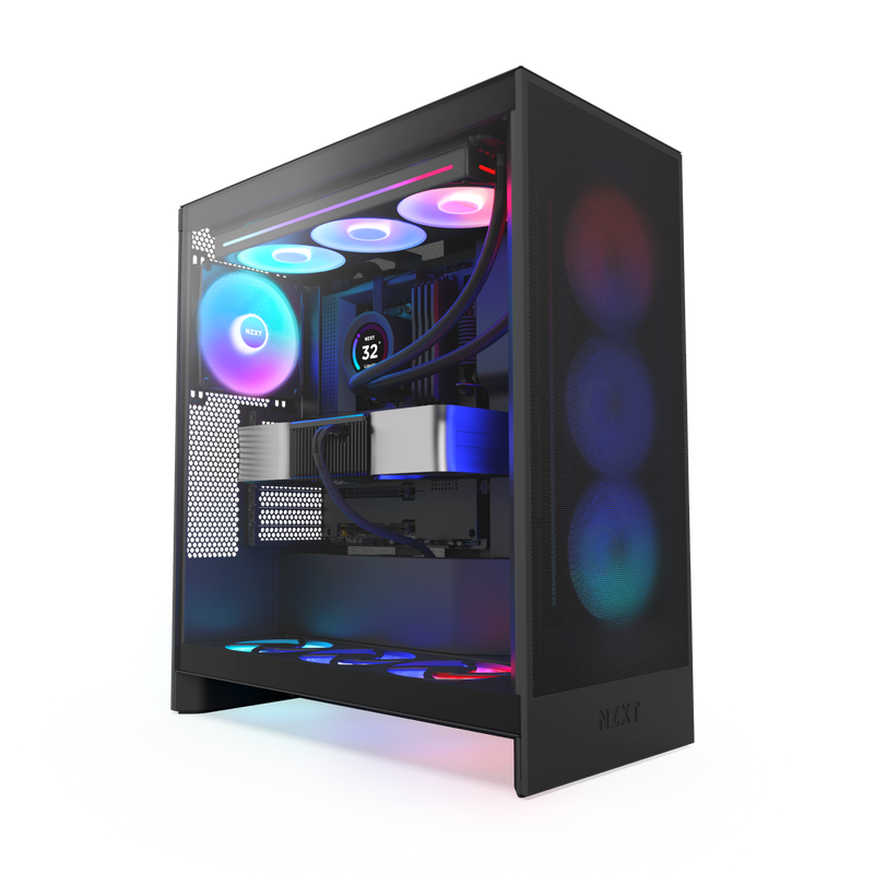 Experience the NZXT Refurbished Custom Build - #8653, a modern desktop gaming PC with a transparent side panel showcasing RGB-lit fans and glowing components. Enjoy stunning visuals and peace of mind with a 2-year warranty.