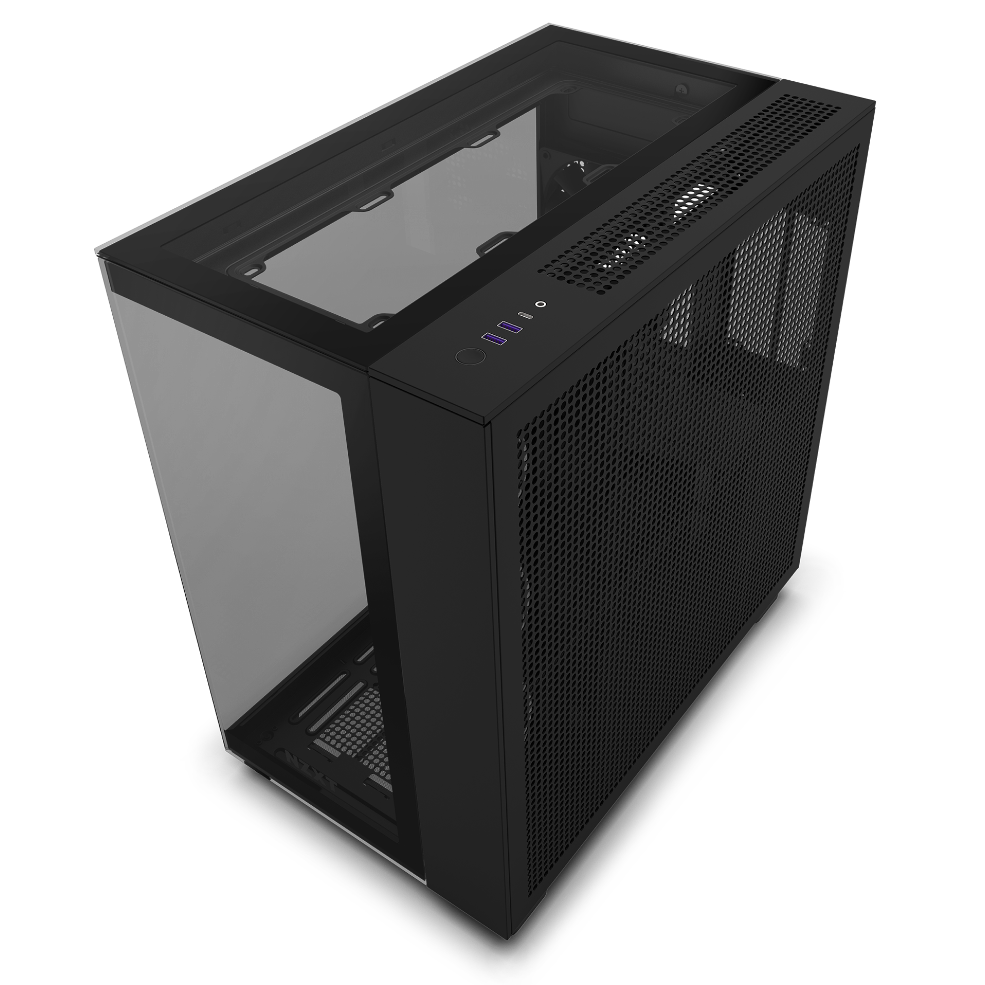 The NZXT H9 Elite is a black, rectangular PC case featuring a dual-chamber design, mesh side panel, tempered glass top and front panels, and top-front edge ports with an open interior for computer components.