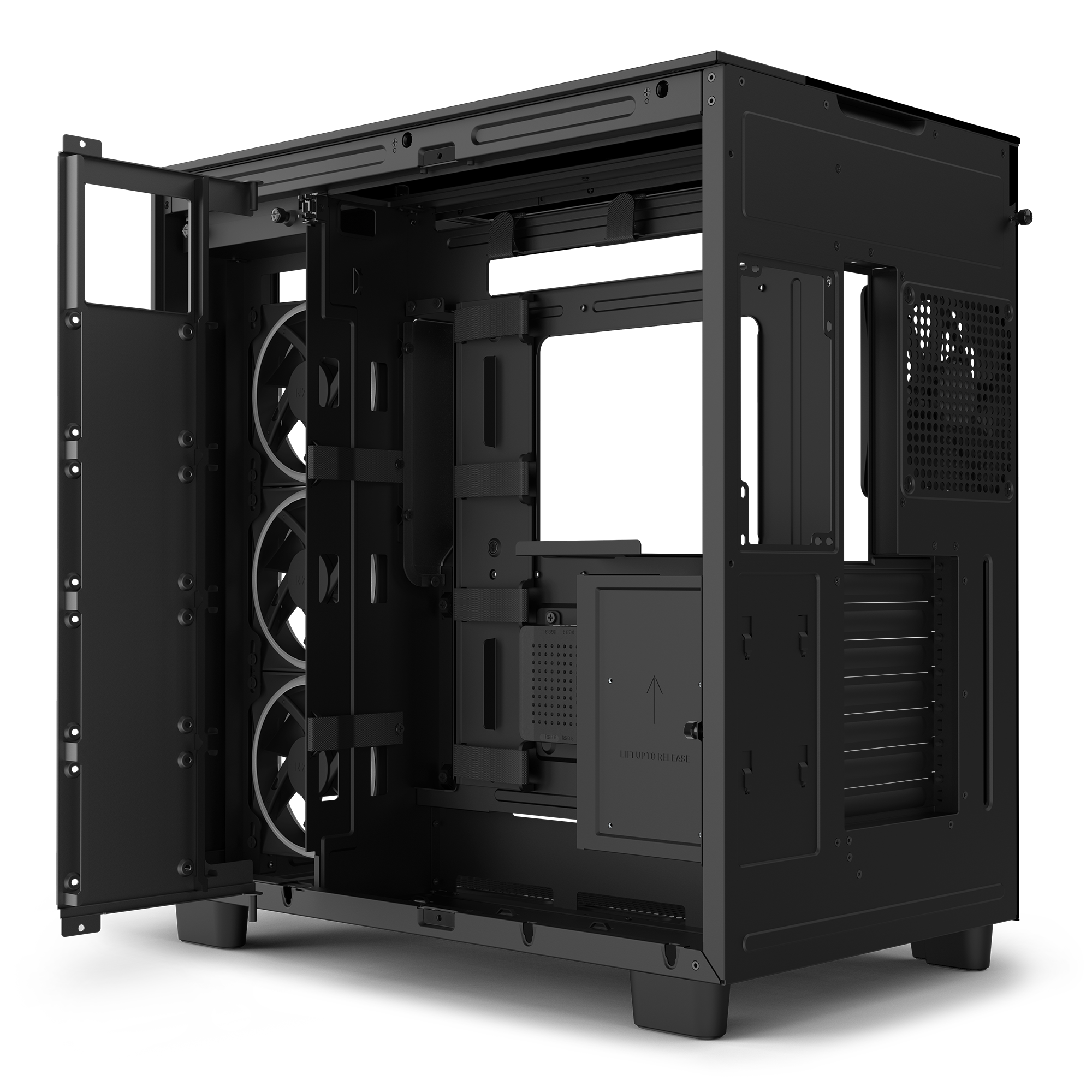 The NZXT H9 Elite is a black, empty PC case with its side panel open, revealing three front fans, cable management slots, drive bays, and a dual-chamber design—all set against a plain black background.