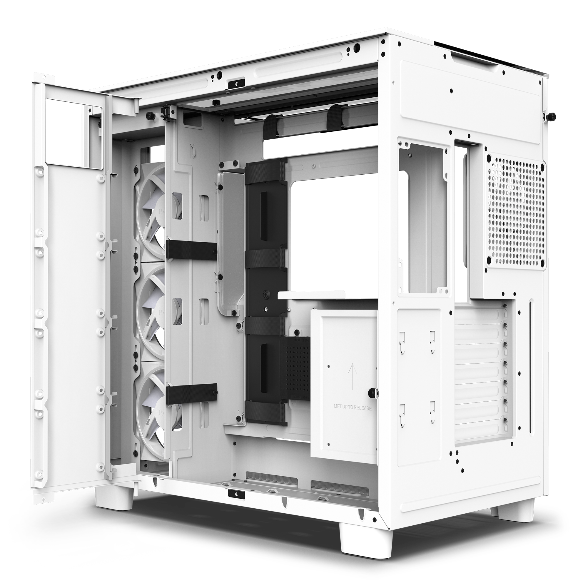 The NZXT H9 Elite is a white open-frame computer case featuring a tempered glass side panel, three front-mounted cooling fans, cable management options, drive bays, and slots for components like the motherboard and power supply.
