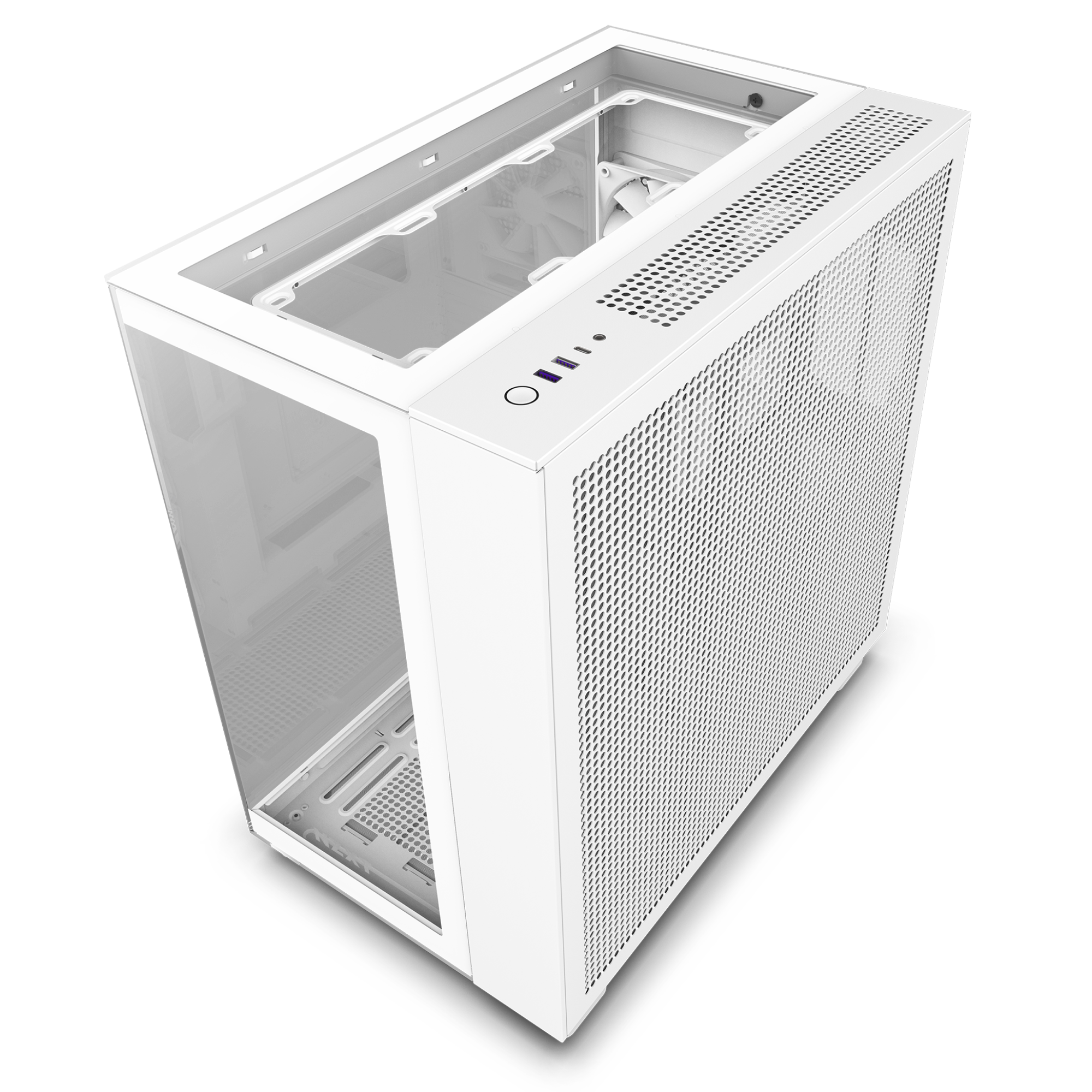 The NZXT H9 Elite is a white PC case with a mesh front panel, tempered glass side window, and a top panel housing power and USB ports, displayed angled against a black background.