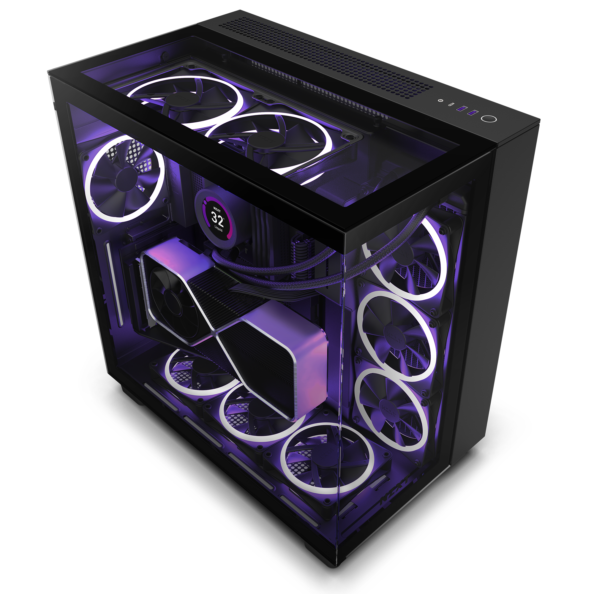 The NZXT H9 Elite gaming PC features a sleek black design with a tempered glass side panel, RGB-lit fans, a liquid cooler showing 32°C, and a large graphics card. Purple lighting accentuates its modern dual-chamber layout.