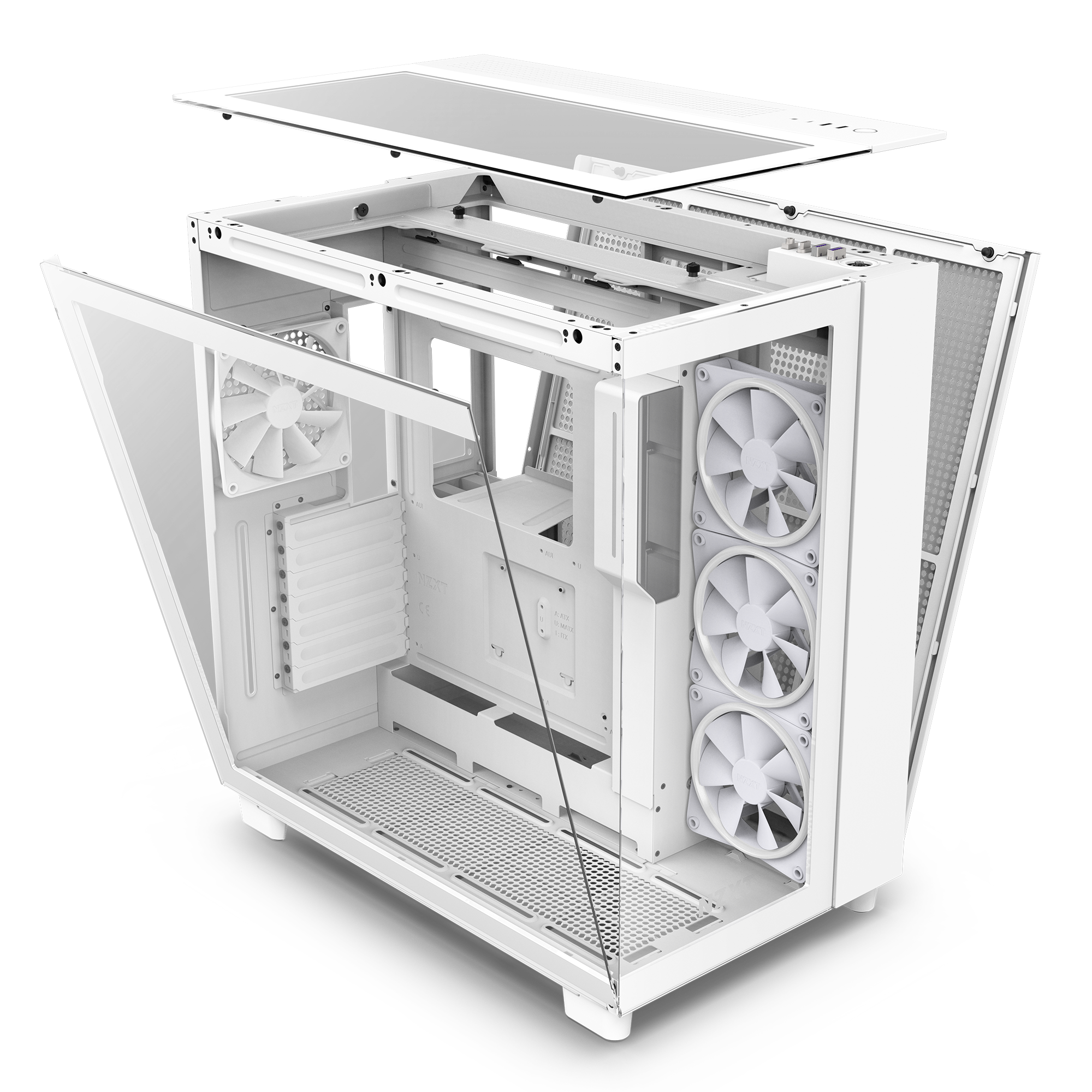 The NZXT H9 Elite is a white computer case shown with its top and side panels removed, highlighting its dual-chamber design, several cooling fans, and internal mounts for hardware components.