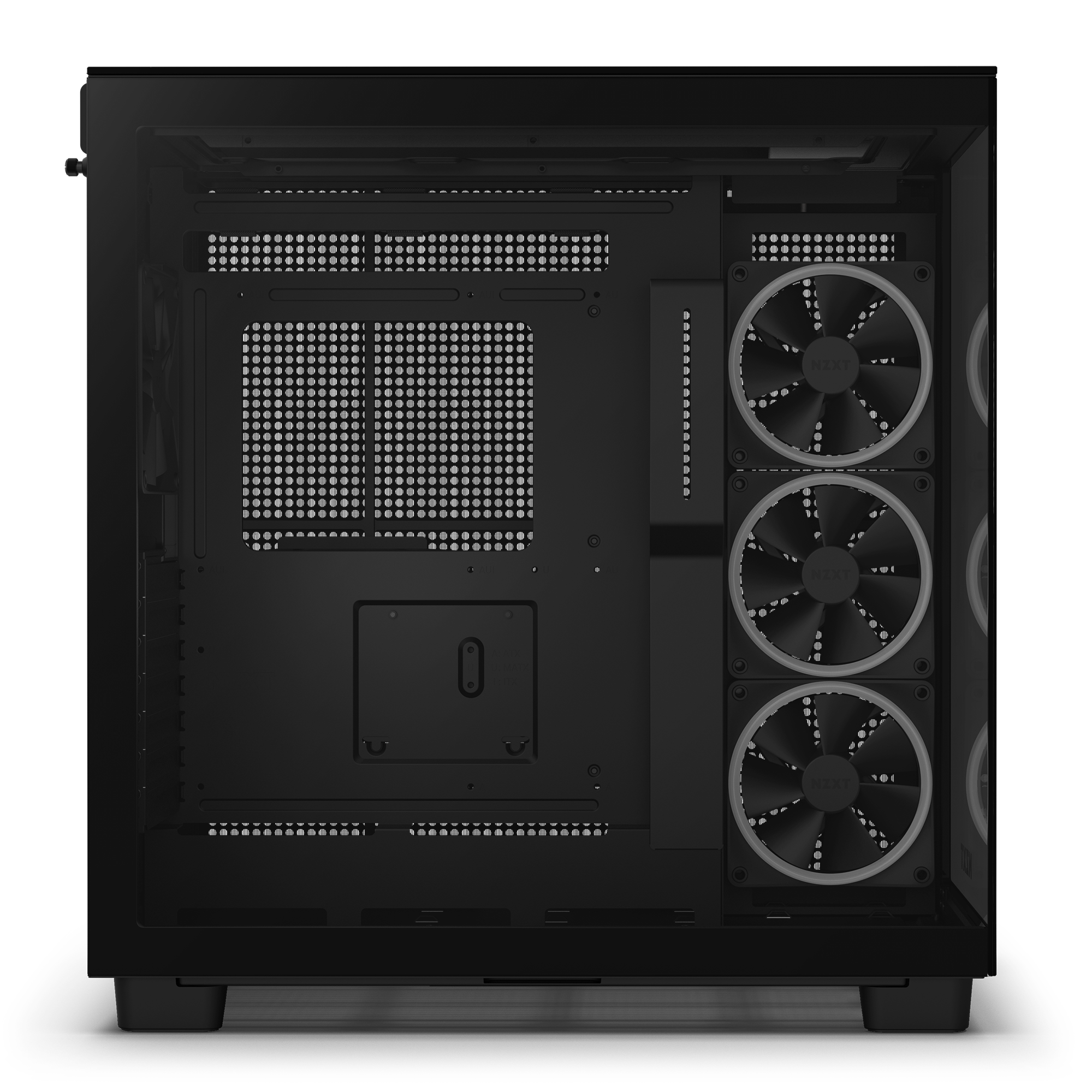 The NZXT H9 Elite is a black PC case with a tempered glass side panel, three front-mounted vertical cooling fans, and a spacious interior for components.
