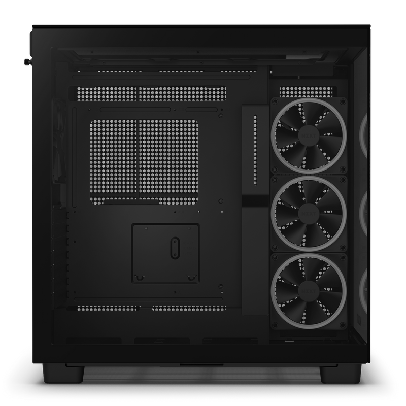 The Refurbished Player Three Prime - #8522 by NZXT is a black PC case with a transparent side panel, three front cooling fans, and ample interior space—ideal for building Certified Refurbished Gaming PCs.