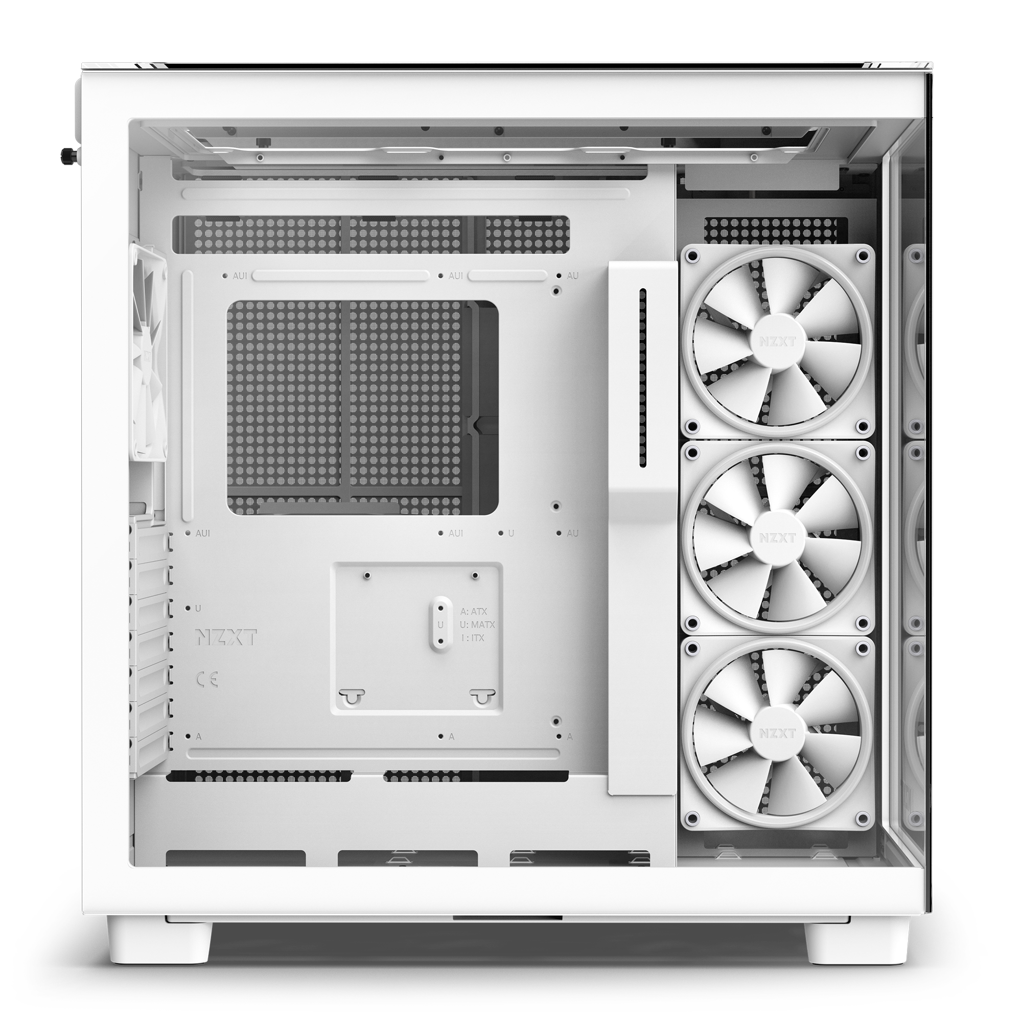 The NZXT H9 Elite is a white mid-tower case with a tempered glass side panel, three front fans, one rear fan, and a spacious dual-chamber interior for easy cable management and component installation.