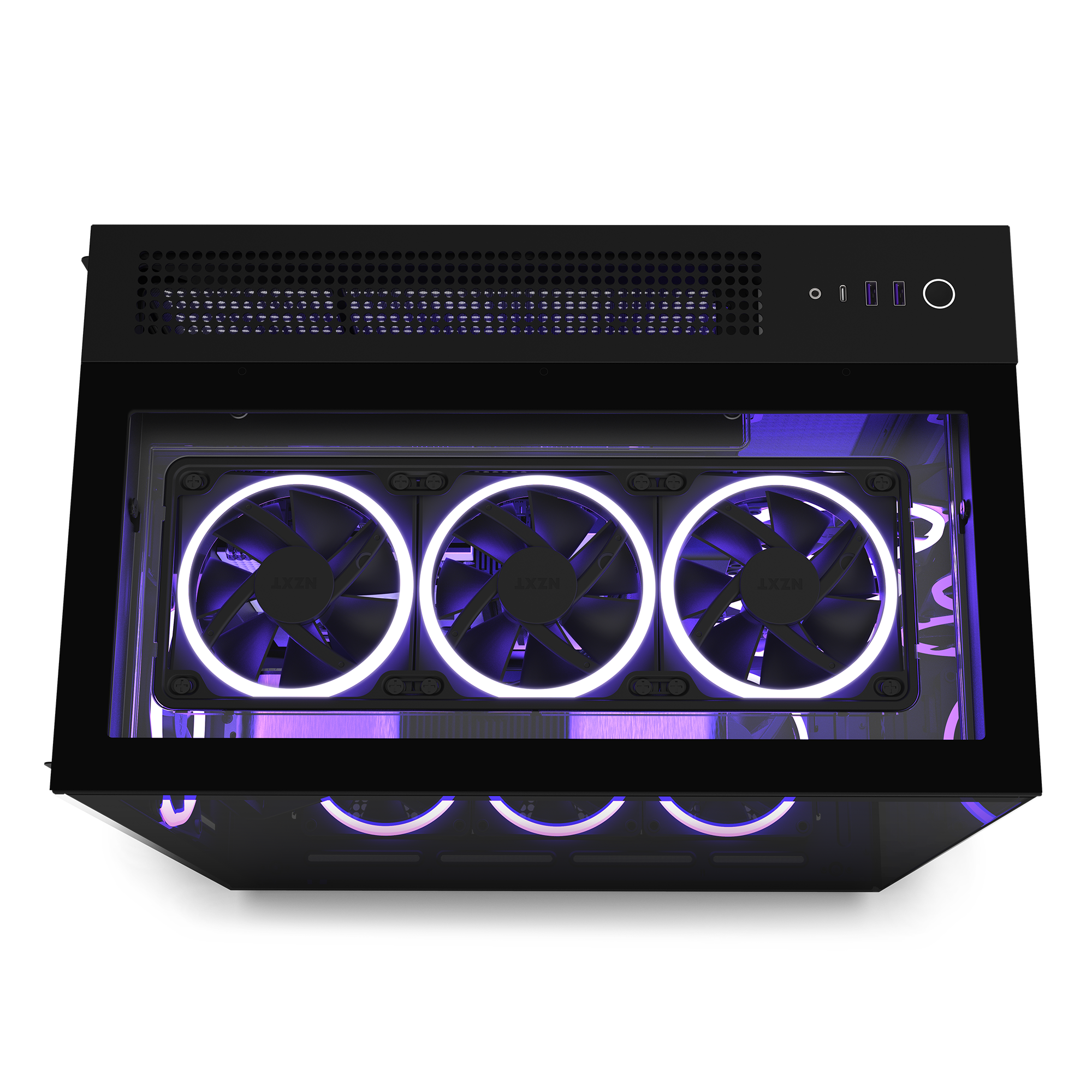 Top-down view of the NZXT H9 Elite case featuring three large purple and white LED cooling fans, a sleek dual-chamber design, and tempered glass panels for stunning component visibility.