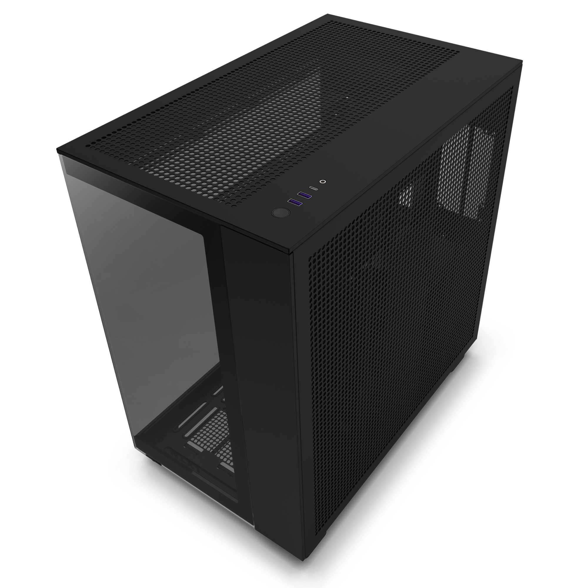 The NZXT H9 Flow (2023) is a black, rectangular PC case with a mesh top for better cooling, front I/O ports with two USBs and a power button, plus a glass side panel—all shown from an elevated angle against a black background.