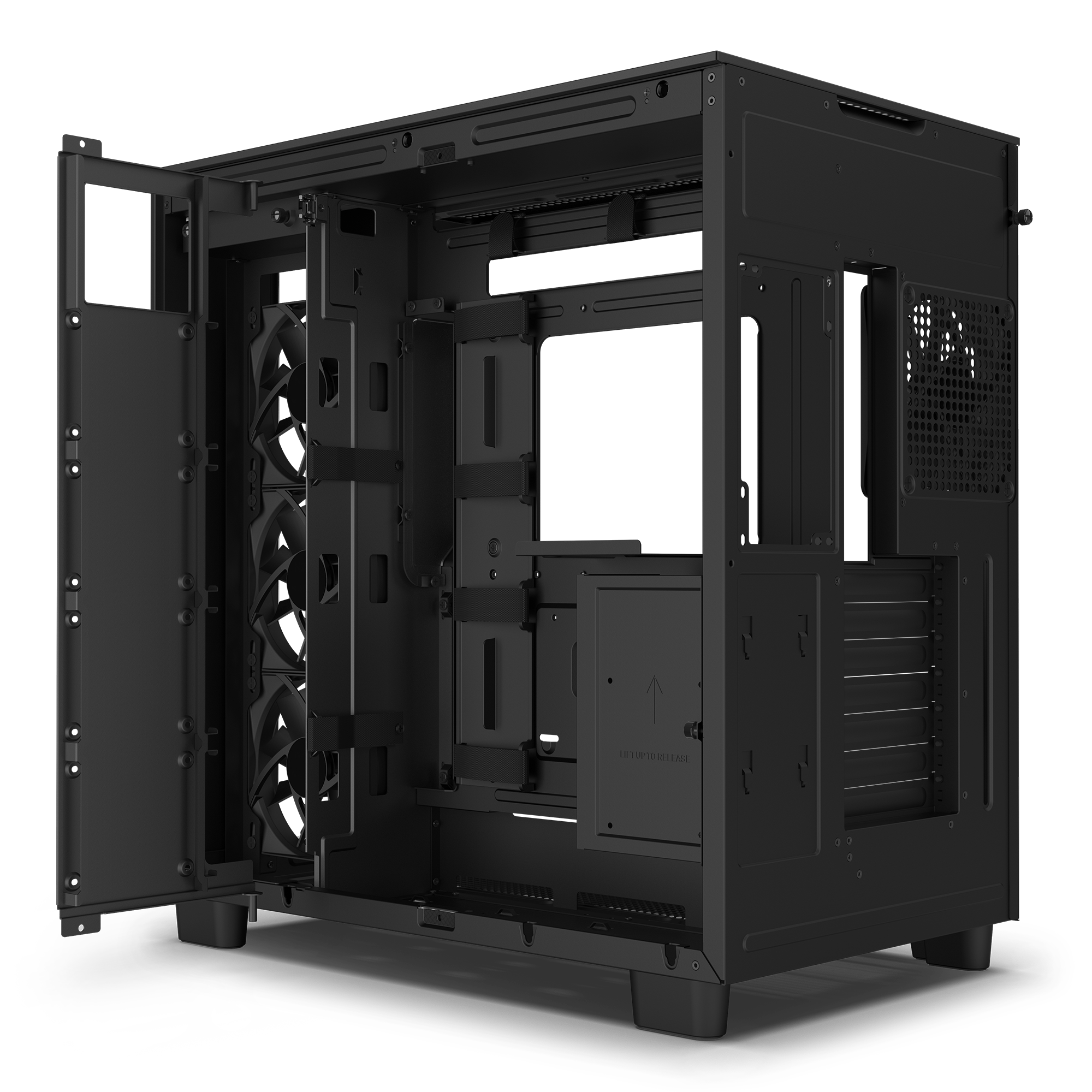 The NZXT H9 Flow (2023) is a black computer case with an open side panel, internal mounts, cooling fans for improved GPU airflow, cable management features, and ventilation areas.