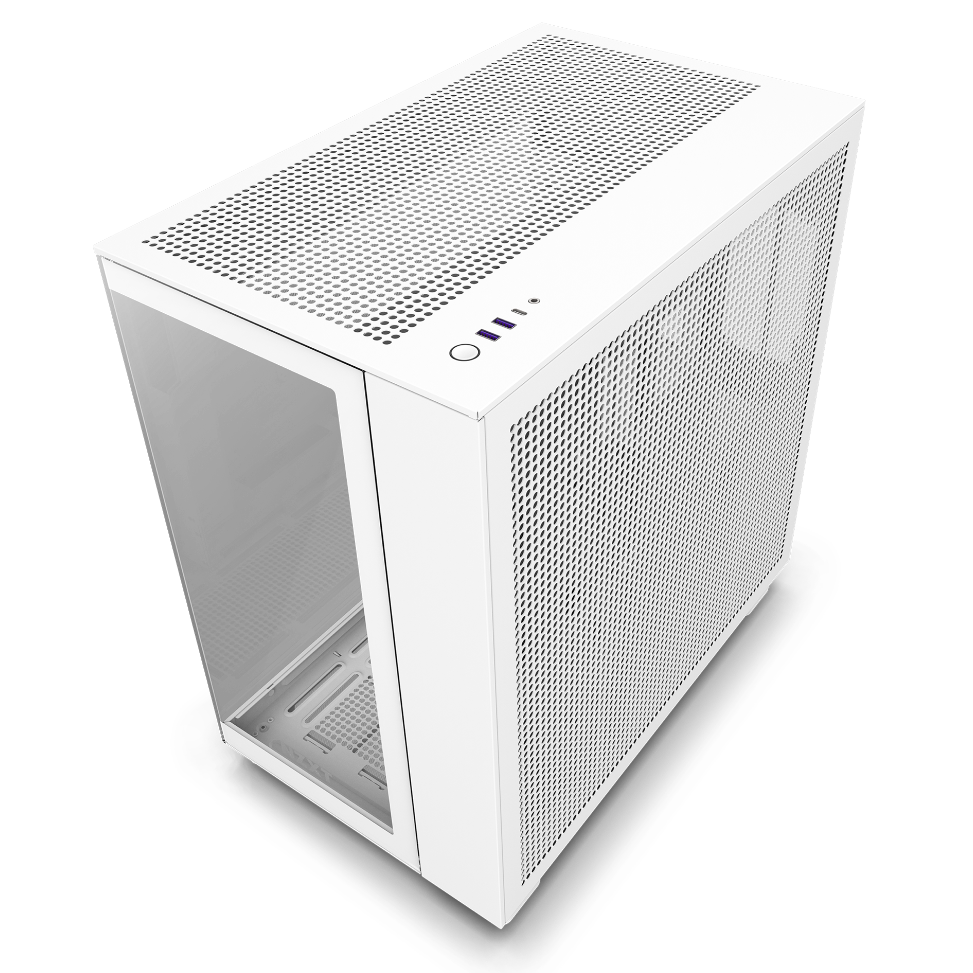 The NZXT H9 Flow (2023) is a white PC case with enhanced thermal features, perforated top and side panels, a glass side panel, and power plus USB ports on the front top edge, displayed against a black background.