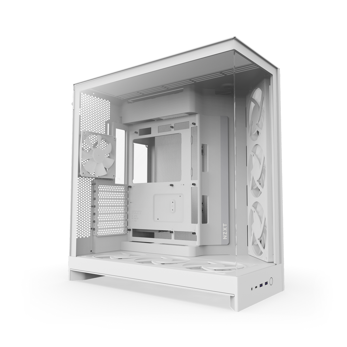 NZXT H9 Flow RGB+ case in white with lighting off, angled view