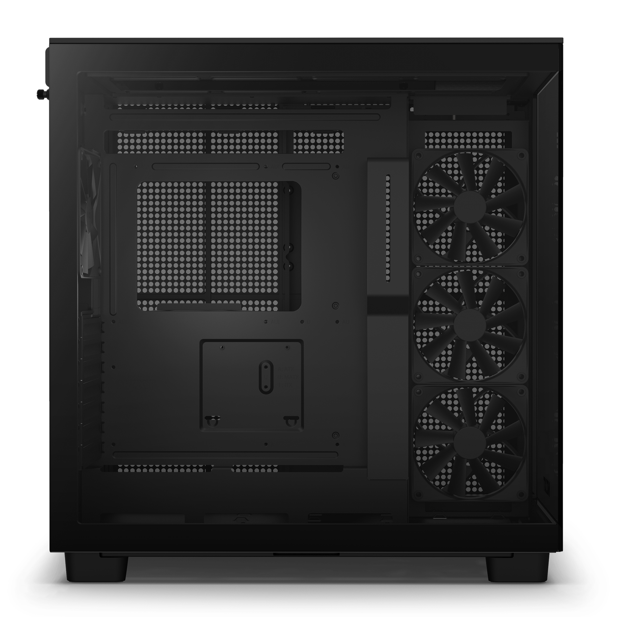 Side view of an empty NZXT H9 Flow (2023) black computer case with a glass panel, featuring three large cooling fans on the right, cable management grommets, and a spacious interior for optimal GPU cooling and superior thermal performance.