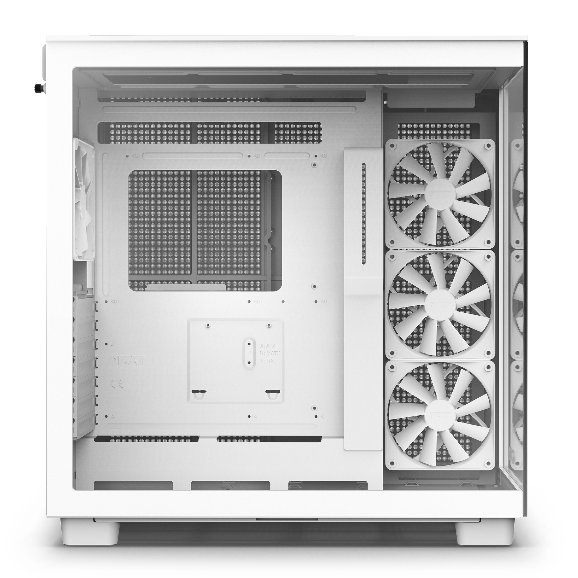 The NZXT H9 Flow (2023) computer case in white features a transparent side panel, an empty interior, three front cooling fans, and one rear fan to boost GPU cooling, with open spaces for flexible and optimal thermal performance.