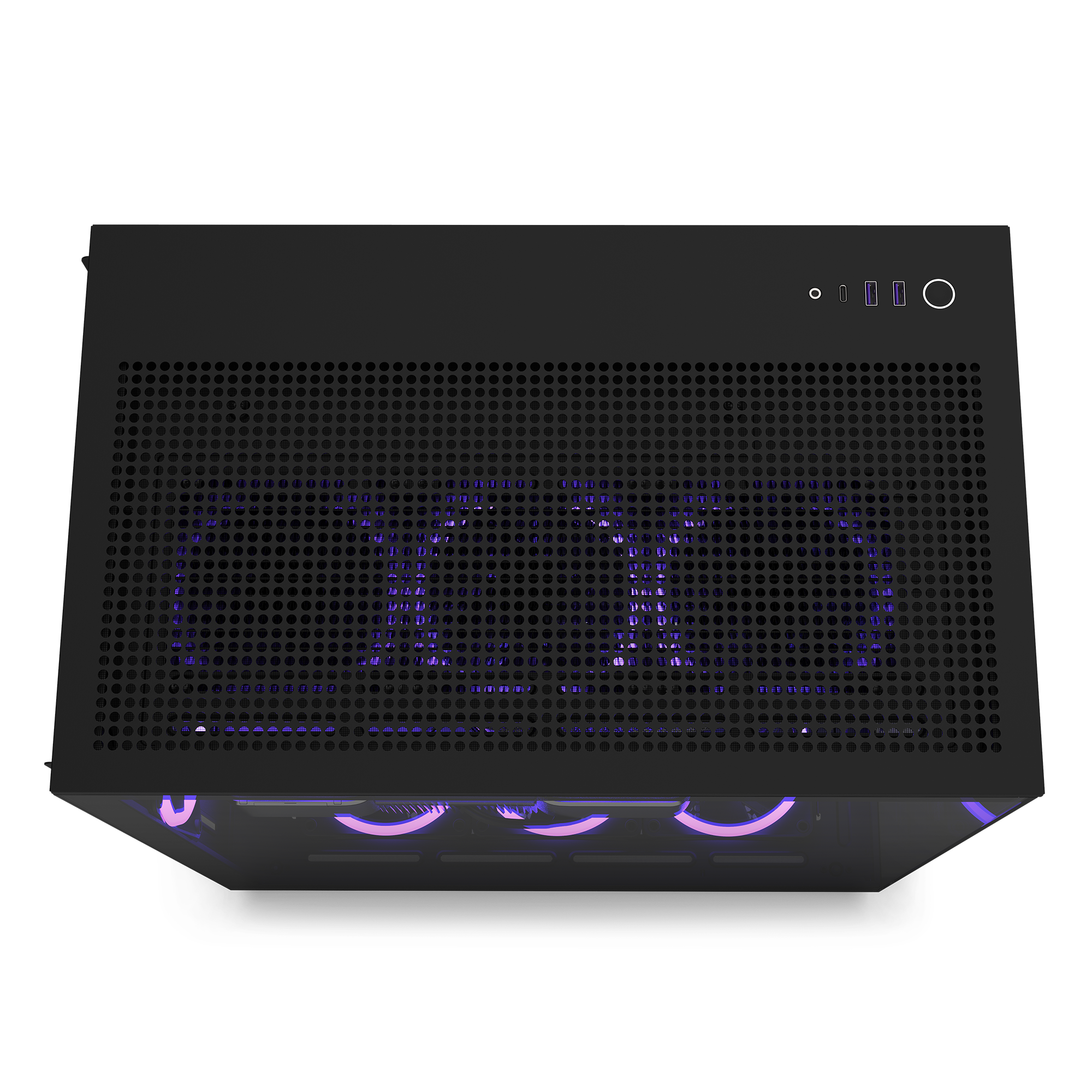 A top-down view of the NZXT H9 Flow (2023) black case shows a perforated top panel, cooling fans with purple LED lighting for improved GPU cooling, and front ports and buttons on the right.