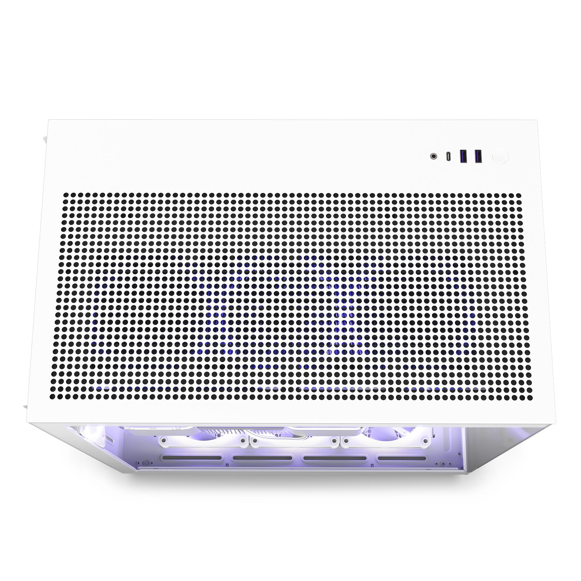 The NZXT H9 Flow (2023), shown from above, features a white perforated top panel for ventilation, a power button, two USB ports, and subtle internal lighting that highlights its advanced GPU cooling.