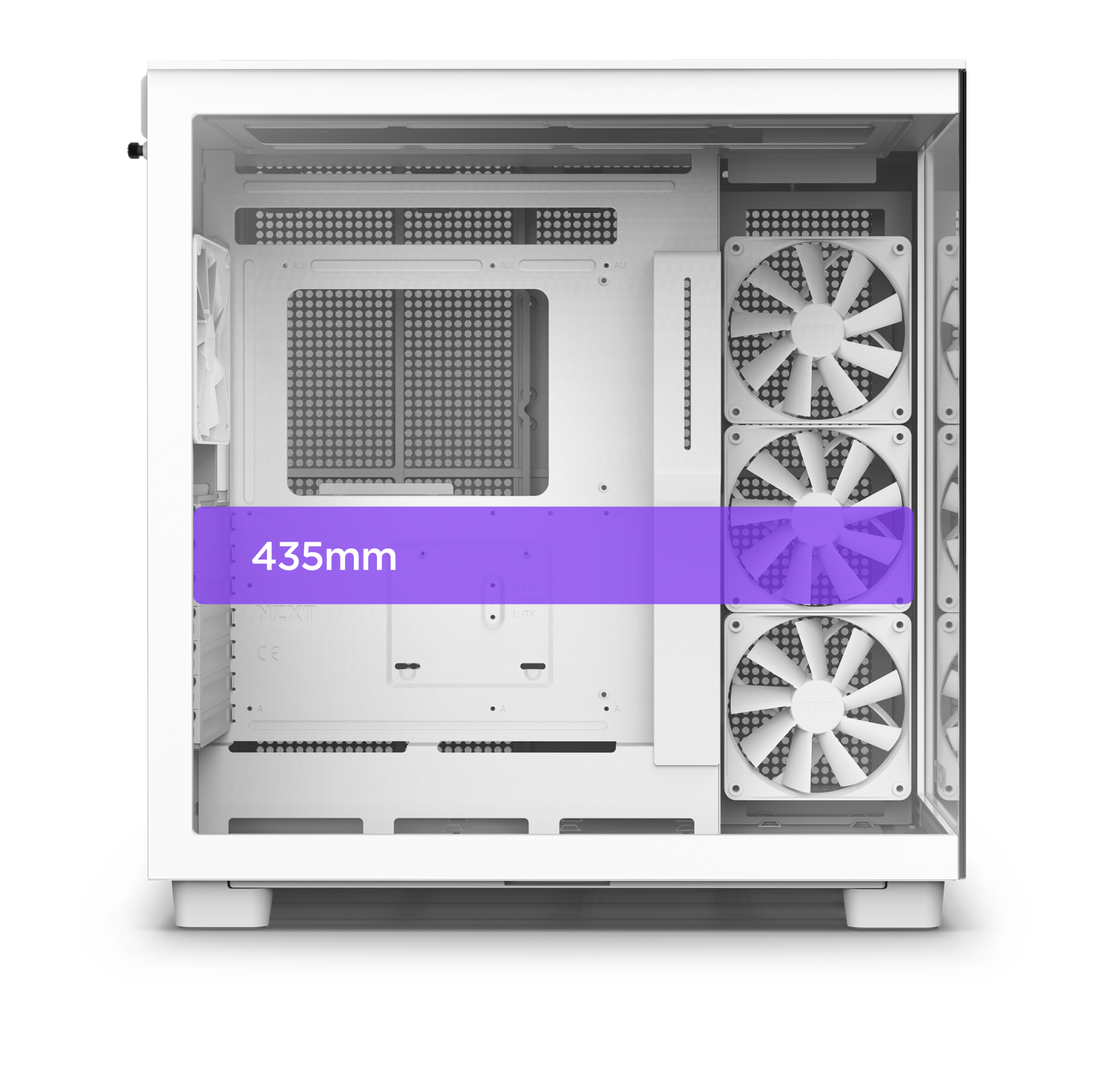 A white computer case with a transparent side panel, showing three cooling fans and a purple bar labeled 435mm indicating the maximum graphics card length supported inside the case.