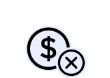 Black and white icon of a dollar sign coin with an X symbol overlapping it, indicating no payment or a canceled transaction.