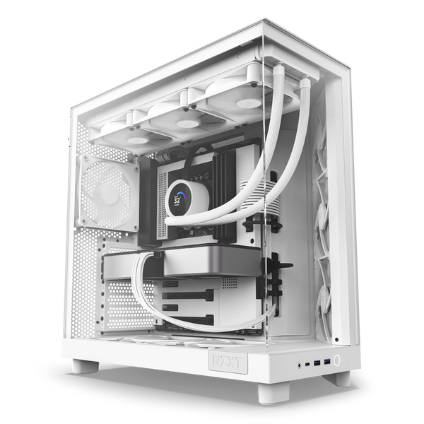 The NZXT H6 Flow is a white PC case with a panoramic glass side panel, RGB-lit fans, GPU cooling, liquid cooling tubes, and tidy internal components like a graphics card and motherboard.