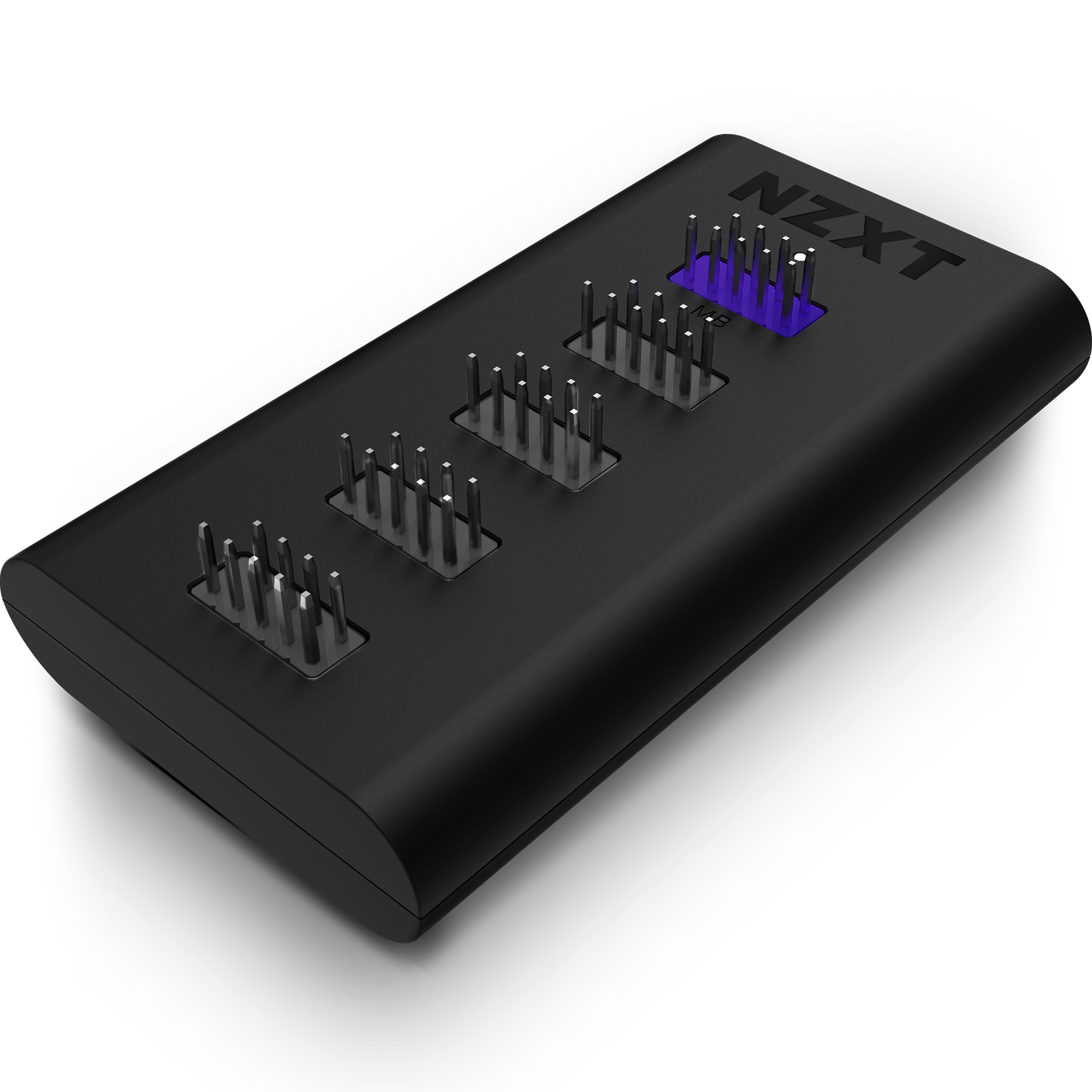 The NZXT Internal USB Hub is a black device featuring multiple rows of metal pins, with one set highlighted in purple. This computer component offers 4 USB 2.0 ports to expand your system’s connectivity.