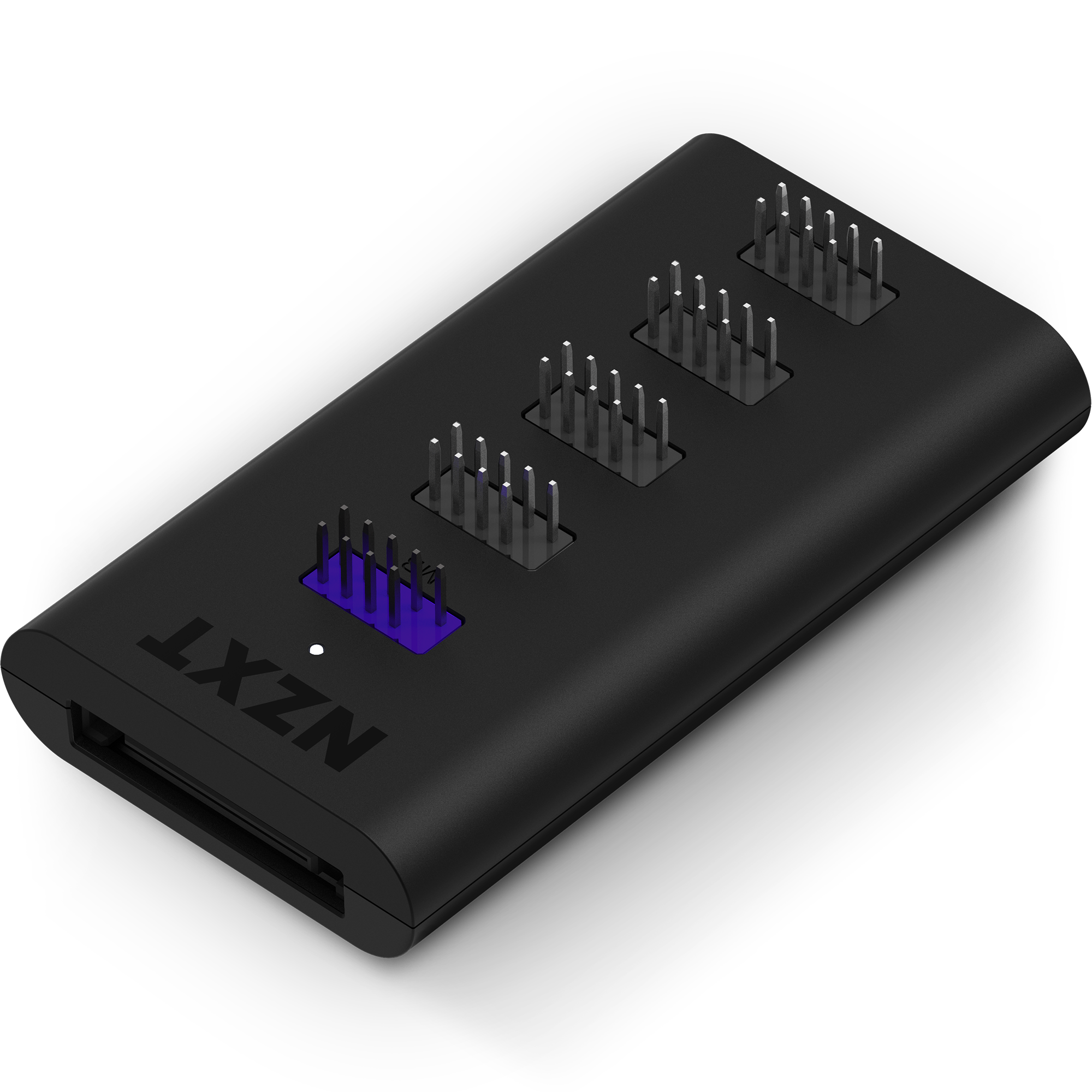 The NZXT Internal USB Hub, in black, features multiple rows of metal pins with one row highlighted in purple, offering 4 USB 2.0 ports and a SATA power connection for connecting and managing computer components.