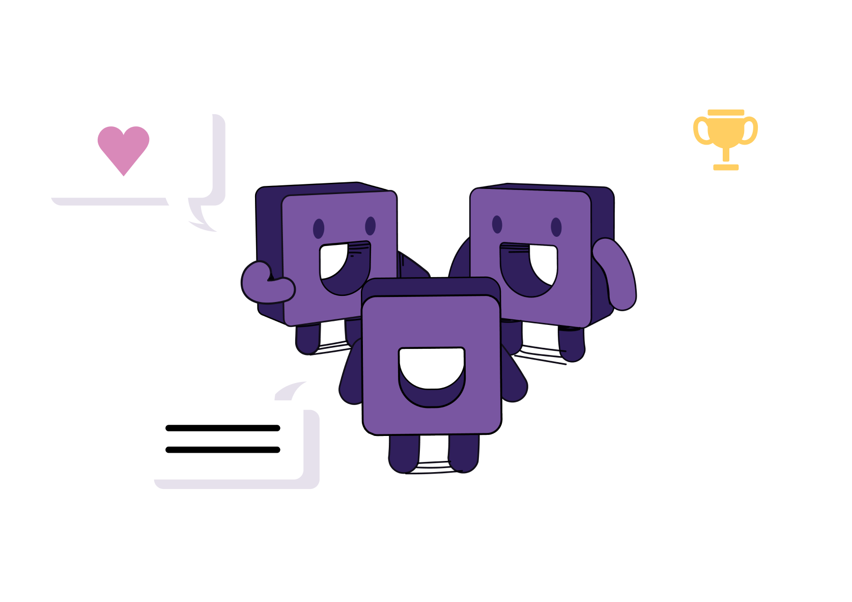 Three purple square-shaped cartoon characters with happy faces stand together. Speech bubbles above them show a heart, a trophy, and lines of text, suggesting conversation, appreciation, and achievement.
