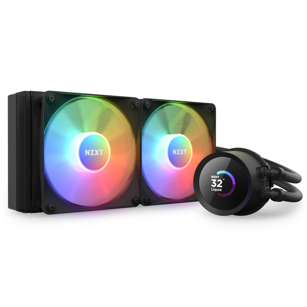 The NZXT Kraken 240 RGB is a dual-fan liquid cooler with RGB lighting, attached tubing, and a circular CPU block featuring an LCD screen showing a temperature of 32°C for optimal cooling.