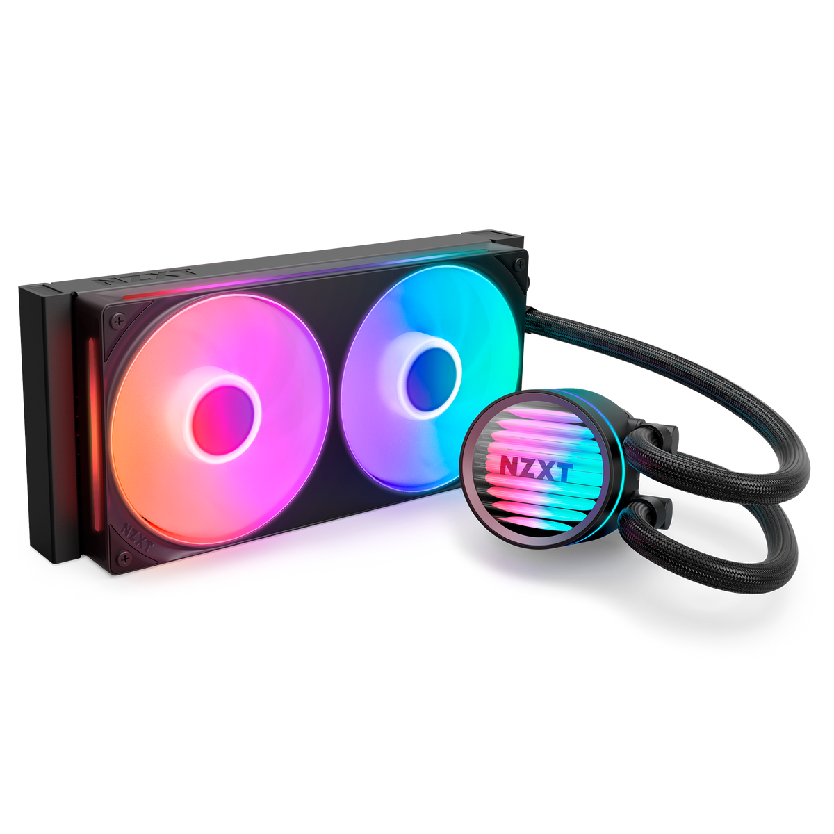 NZXT Kraken Core 240 RGB, angled view of the radiator, RGB fans and infinity-mirror pump cap