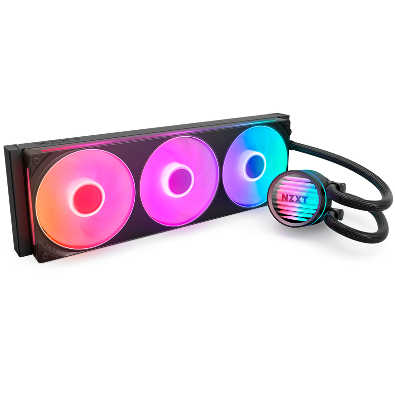NZXT Kraken Core 360 RGB, angled view of the radiator, RGB fans and infinity-mirror pump cap