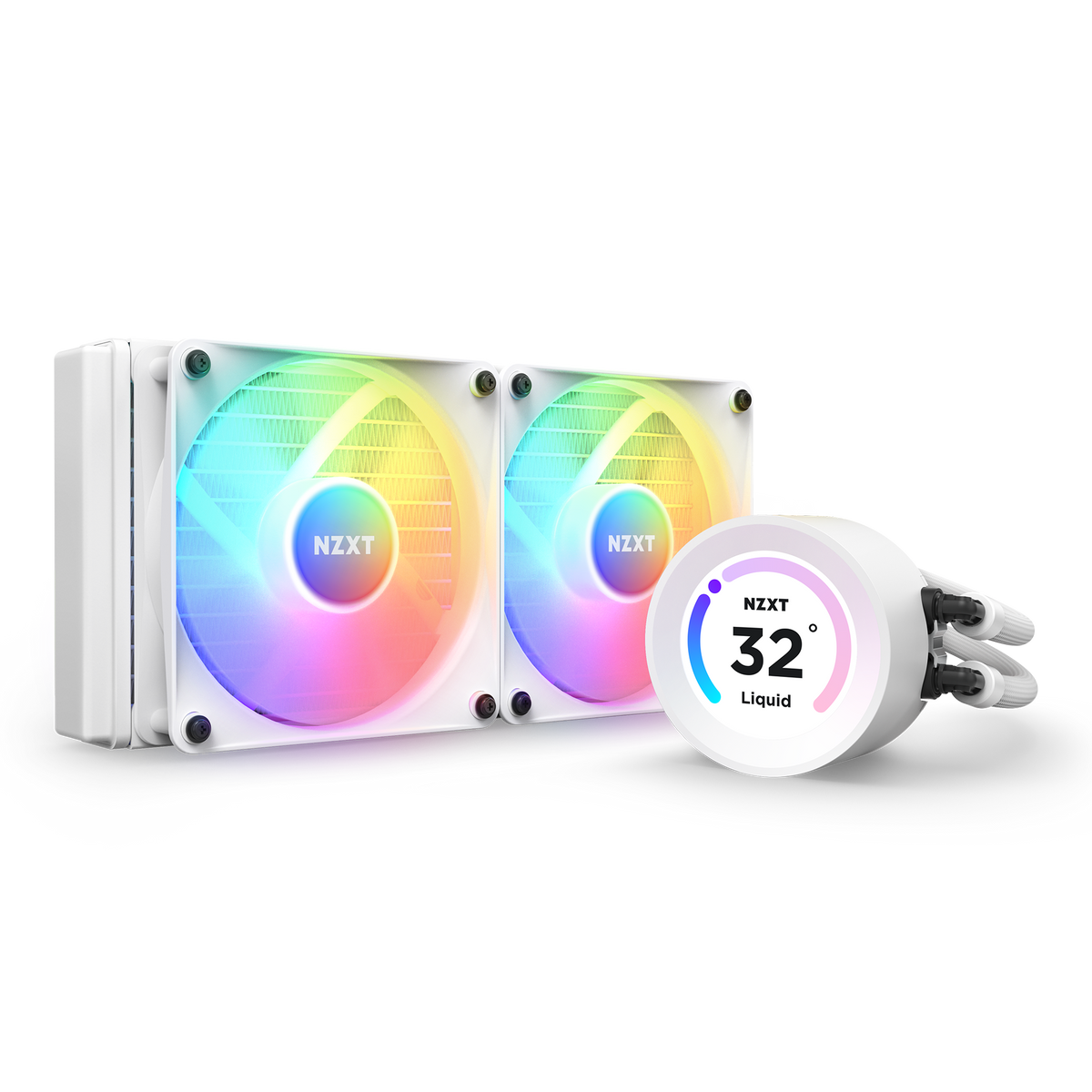 NZXT Kraken Elite 240 RGB white, angled view with RGB fans lit