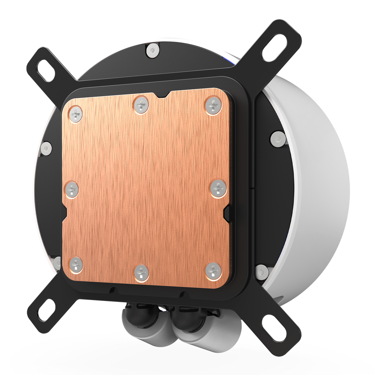 NZXT Kraken Elite 360 RGB white, underside of the pump showing the copper cold plate