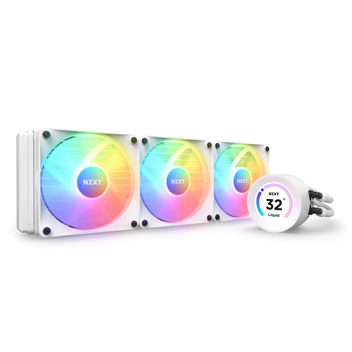 NZXT Kraken Elite 360 RGB white, angled view with RGB fans lit