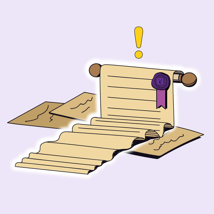 An illustration of a long, unrolling scroll with a purple seal and an exclamation mark above it, surrounded by open envelopes on a light purple background.