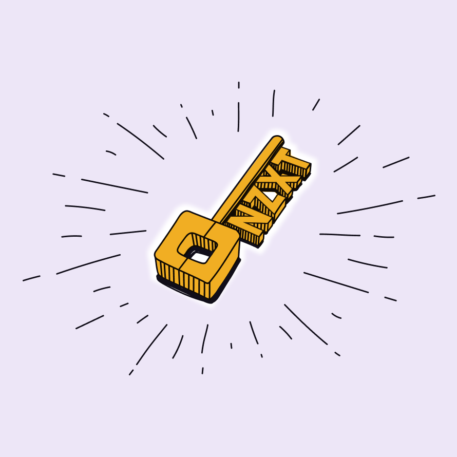 A gold key with a square head and detailed teeth is centered on a light purple background, surrounded by radiating black lines suggesting emphasis or importance.