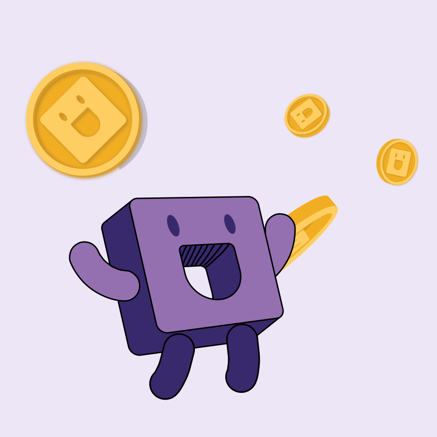 A smiling purple square character with arms and legs holds a yellow object and is surrounded by three golden coins, each featuring a happy face, against a light purple background.