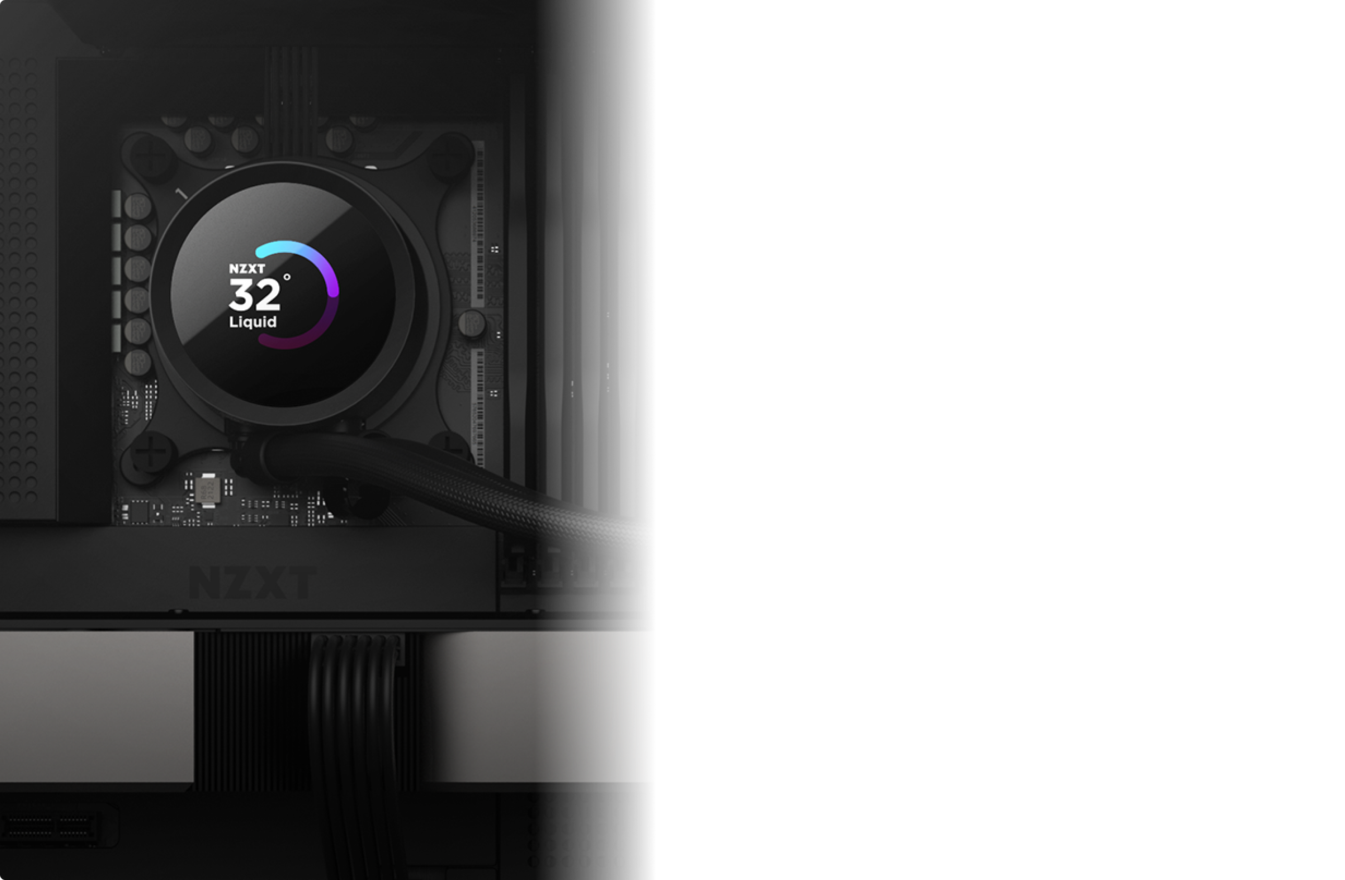 Close-up of a computer’s liquid cooling system with a circular NZXT display showing “32°C Liquid” and colored dial, surrounded by cables, computer components, and part of the NZXT case.