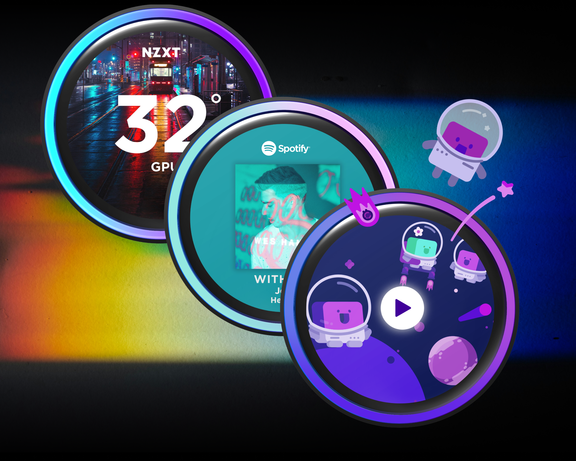 Three colorful digital widgets overlap on a dark, gradient background: a weather display with street photo, a Spotify music player, and a playful cartoon space scene with astronauts and planets.