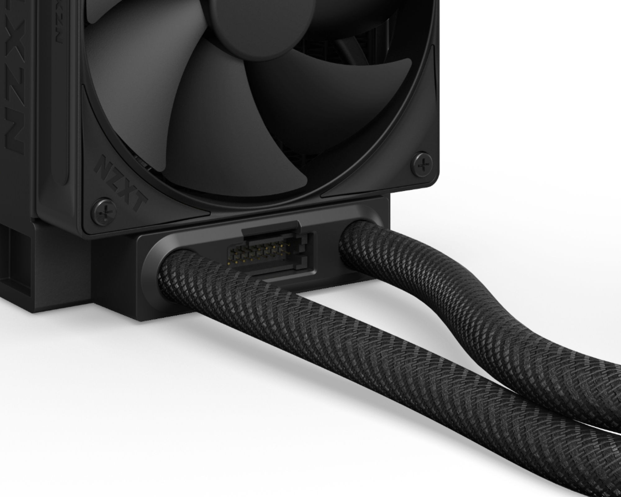 Close-up of an NZXT computer liquid cooler, showing a black fan, a connector port, and two braided tubes emerging from the cooler unit against a black background.